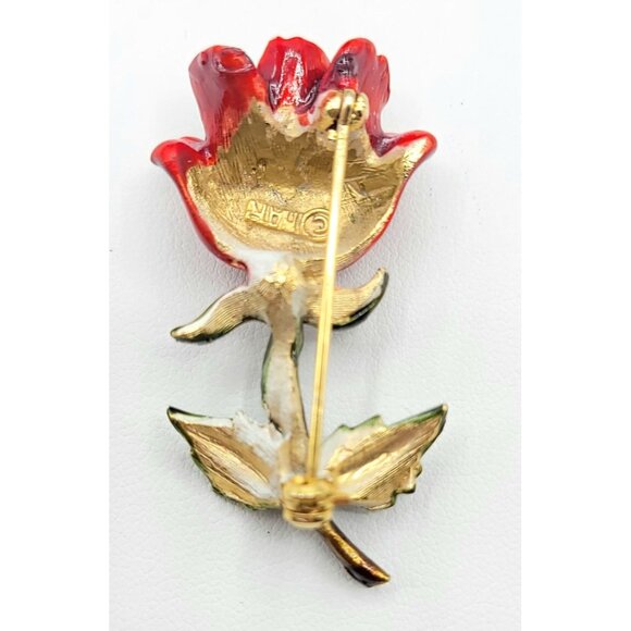 HAR Red Rose Enamel Brooch Signed - Picture 4 of 6